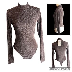 Naked Wardrobe Metallic Mock Neck Long Sleeve Bodysuit Rust NW-B2288 Large NWT
